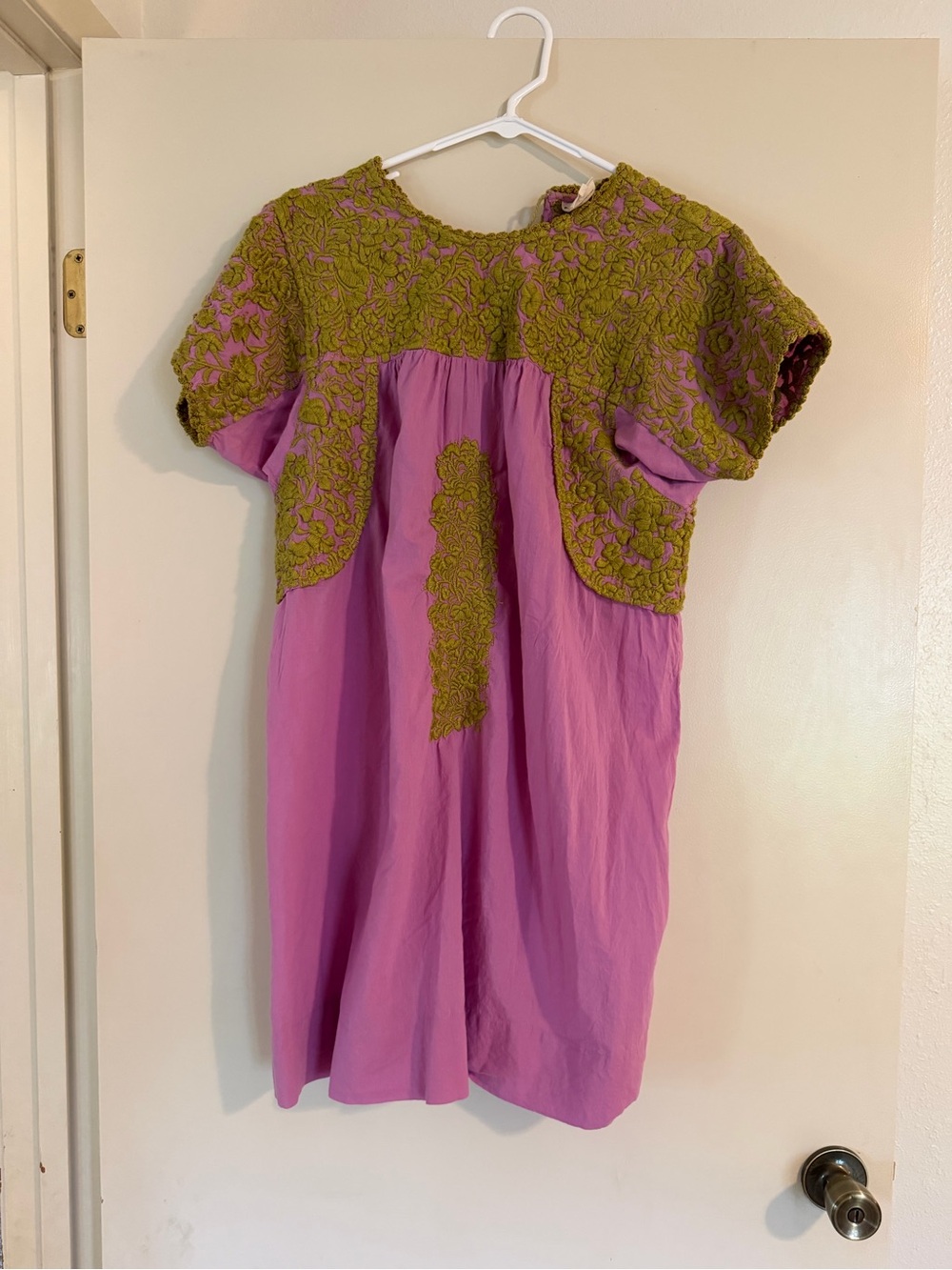 Pink Mini Dress with Olive Embroidered Yoke